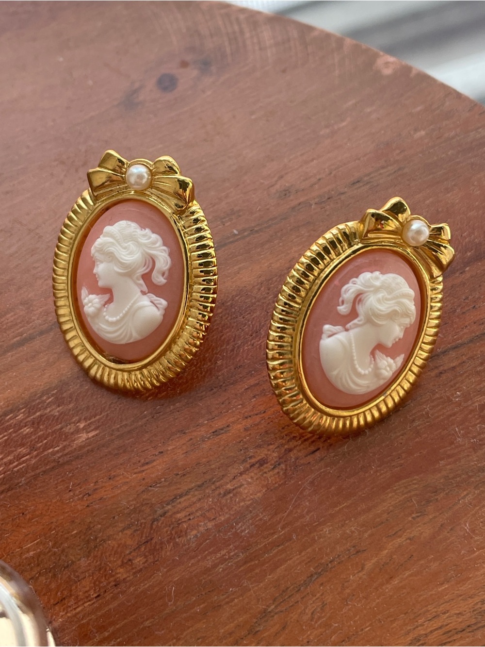 Gold Bow Cameo Earrings in Pink and White